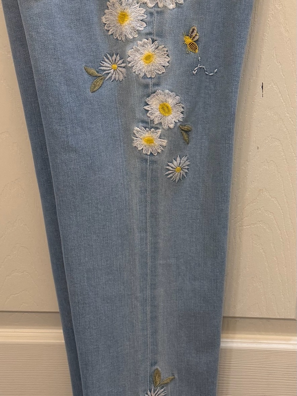 DRIFTWOOD Light Blue Daisy and Bumble Bee Embroidered Boot Cut Jeans - Picture 2 of 7